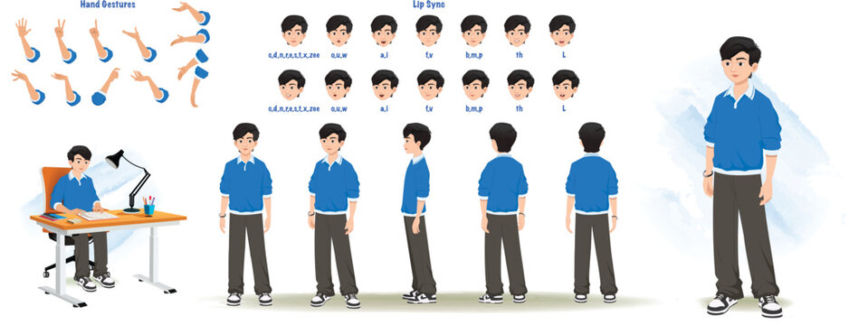 A School boy character model sheet. Student creation set. Male turnaround sheet