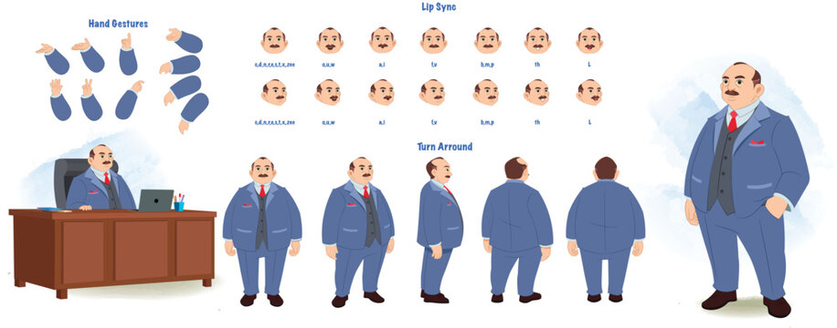 A fat business man modelsheet. Overweight businessman turn around sheet, hand gestures, lip sync