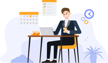 Businessman working on laptop with hand holding coffee.Business working on process concept. Flat businessman cartoon sitting and working