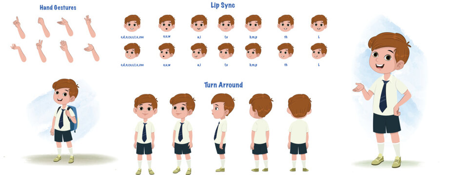 A School boy character model sheet. Student creation set. Male turnaround sheet