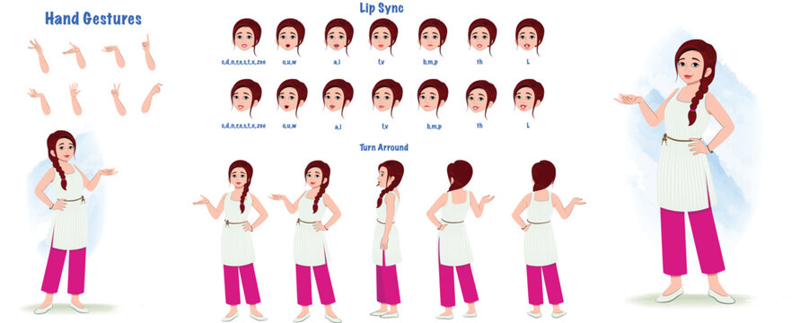  Character Model Sheet for Animation- Including Lips Sync, Hand Gestures, and Turn around Sheets