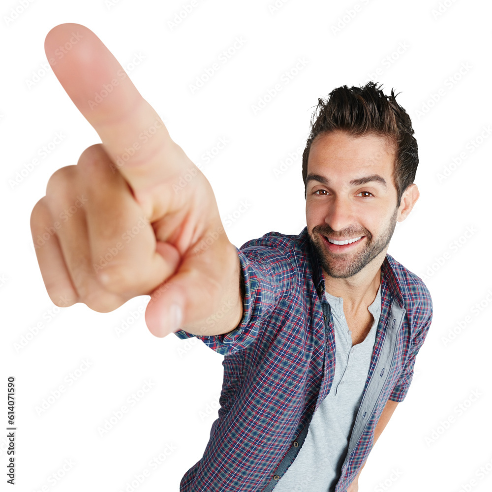 Poster portrait, pointing and sale with a man in a shirt isolated on a transparent background for attention