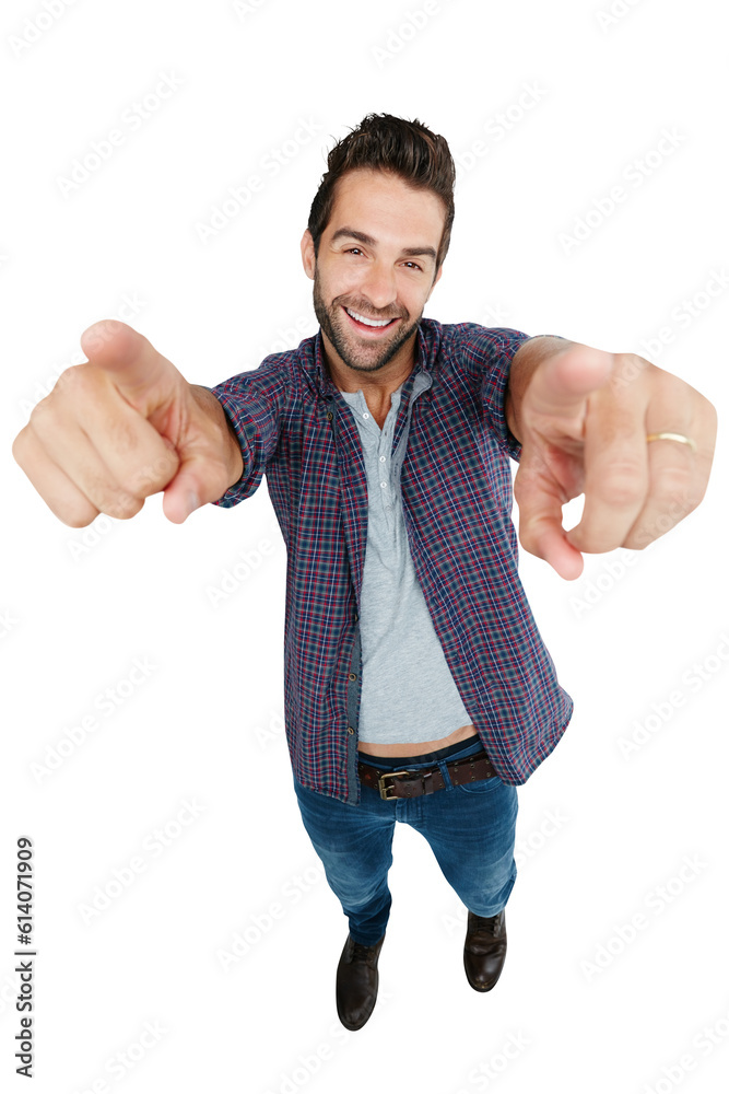 Poster portrait, pointing and review with a man in a shirt isolated on a transparent background for a decis