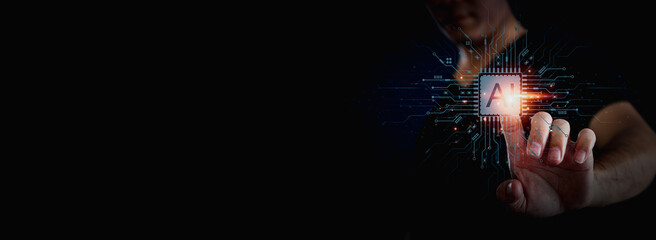 Discover AI and digital innovation in global business. Futuristic concepts, virtual technology, and data analytics drive communication. Embrace the future of intelligent machines and connect networks