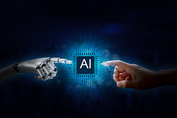 Businessman holding hand touch. Artificial intelligence, digital AI, big data analytics and business intelligence concept. Communication concept and line elements of global business connection technol