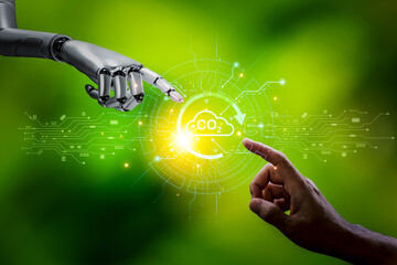 human hand touching Robot holding a green concept icon Technology and the future of the world,...