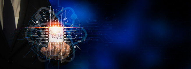 Businessman holding a touch. Artificial intelligence, digital AI, big data analytics, and business intelligence concept. Communication concept and line elements of global business digital link 