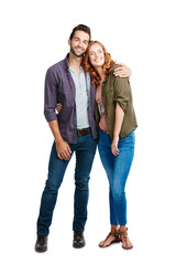 Isolated couple, hug and love in portrait with bond, care and smile by transparent png background....