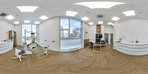 full hdri 360 panorama in surgeon orthopedist therapist cabinet dental clinic with modern equipment...