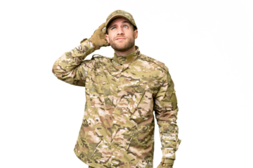 Military man over isolated chroma key background having doubts and with confuse face expression
