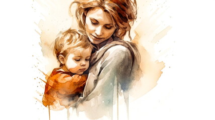 Watercolor portrait of mother with her son. Watercolor painting illustration. AI generated