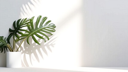 3d render of minimal product display podium with palm leaves shadows. AI generated