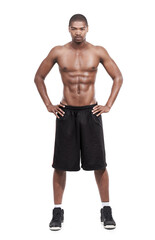 Fototapeta premium Black man, serious fitness and portrait with workout, motivation and focus for exercise. African male person, body training and strong muscle isolated on a transparent, png background with abs