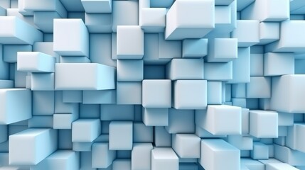 Abstract background with cubic wall backdrop with different types of blue blocks. Architectural wallpaper with cubes of repeat structure. Horizontal illustration for banner design. Generative AI.