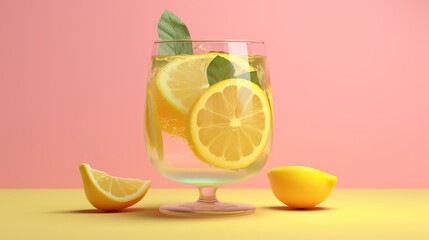 Abstract background with fresh lemonade in glass with lemon slices in close up view. Summer refreshing drink with natural organic ingredients. Horizontal illustration for banner design. Generative AI.