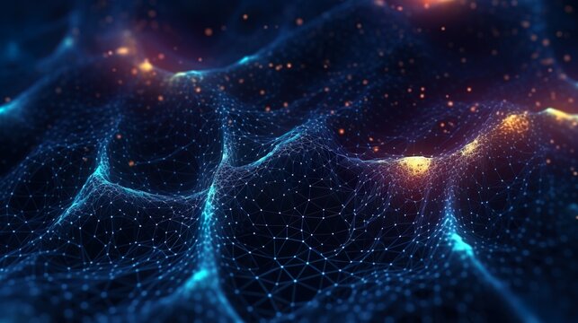 Abstract background with glowing blue neural network waves. Connected net with shining mesh texture in close up view futuristic wallpaper. Horizontal illustration for banner design. Generative AI.