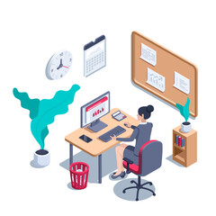 isometric vector illustration on a white background, a woman in a business suit works on a computer at a desktop in the office, work environment or interior