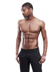 Fototapeta premium Black man, serious fitness and young model with workout, motivation and focus for exercise. African male person, body training and strong muscle isolated on a transparent, png background with abs