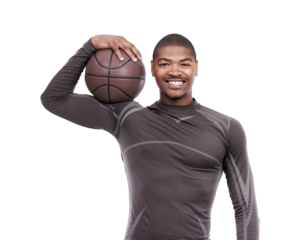 Basketball player, sports portrait and happy black man workout for fitness progress, cardio practice or competition. Smile, athlete and African person isolated on transparent png background with ball