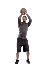 Basketball player, shooting ball or black man training for workout challenge, target practice or...