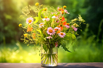 Bouquet of wild flowers on the table in a glass vase. Selective focus. AI generated