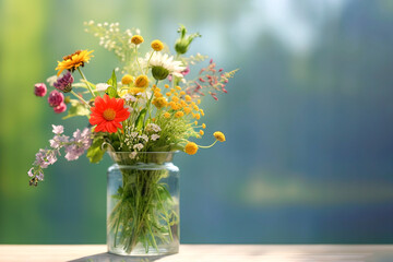 Bouquet of wild flowers on the table in a glass vase. Selective focus. AI generated © Nataliia