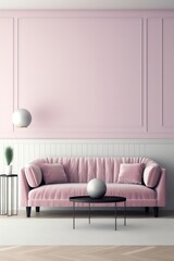 a luxury living room made from rose quartz there is a small vertical white blank wall frame