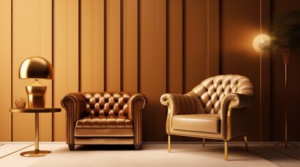 A living room with a blank soft caramel gold wall radiating a warm and luxurious atmosphere