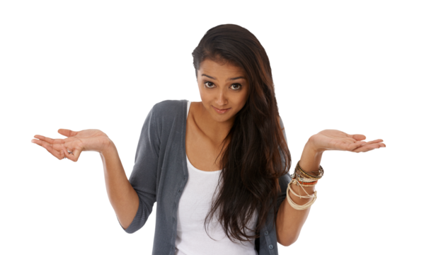Doubt, dont know and portrait of confused woman on isolated, PNG and transparent background. Shrug, why and face of female person with hand gesture for confusion with choice, decision and question