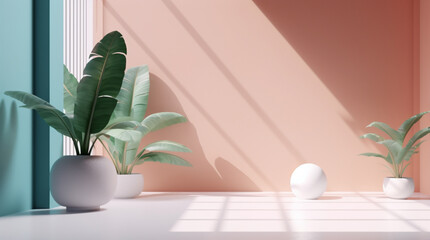Sunlight falls into indoor studio with sphere shape decor and houseplant in the corner background template. Created with Generative AI technology