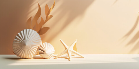 Tropical seashell and starfish decor on beige background template. Created with Generative AI technology - obrazy, fototapety, plakaty