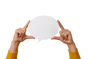 Talk bubble speech icon in hands isolated on transparent background, layout for your text over...