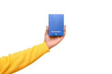 blue passport in hand isolated on transparent background, world travel concept