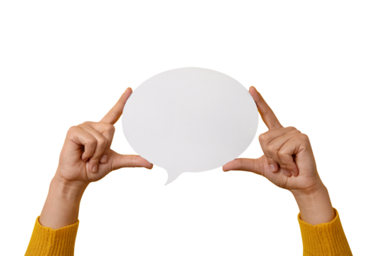 Talk bubble speech icon in hands isolated on transparent background, layout for your text over white round space - Powered by Adobe