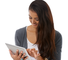 Woman, typing and digital tablet of a student isolated on a transparent, png background. Happy, female person and technology with writing and social media app on the internet and web for study