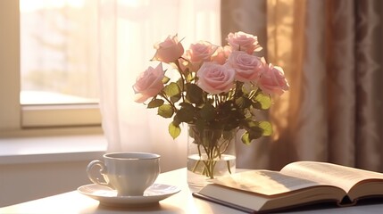 Relaxing breakfast with a glass of coffee, an interesting book and a vase of roses. Generative AI