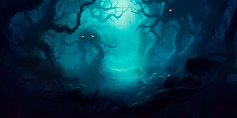 chilling Halloween background with a haunted forest, swirling mist, and glowing eyes peering from the darkness. Generative AI