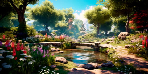 Serene garden with a pond, blooming flowers, and a stone pathway leading to a secluded bench Generative AI