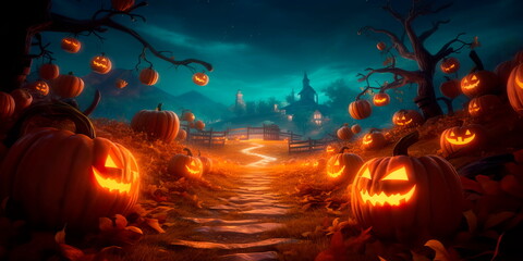 Fototapeta na wymiar spooky and atmospheric Halloween background with a pumpkin patch, flickering lanterns, and a starry night sky. Generative AI