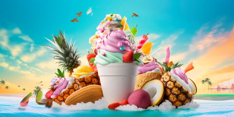 Tropical ice cream background with palm trees, tropical fruits, and refreshing scoops of exotic flavors. Generative AI