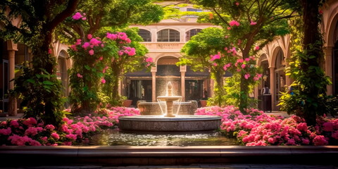 Fototapeta na wymiar Tranquil garden courtyard with a fountain, lush greenery, and blooming flowers in full bloom modern . Generative AI