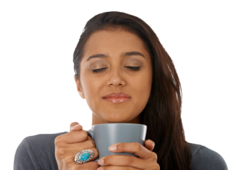 Aroma, coffee and face of woman relax on isolated, transparent and png background. Smelling, tea and Indian female person chilling with a comforting beverage, drink and calm for peaceful cappuccino