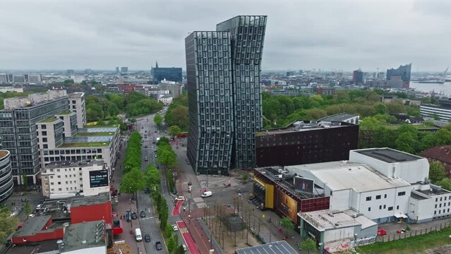 Drone shot of a Modern architecture building in Reeperbahn street (die s&uuml;ndigste Meile and Kiez) , St. Pauli district , Hamburg
