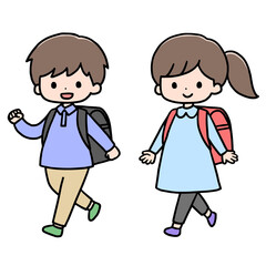 歩く小学生の女の子と男の子