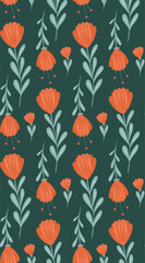 Vector seamless pattern with flat hand drawn orange folk art flowers and stems on dark green background. Floral rustic texture
