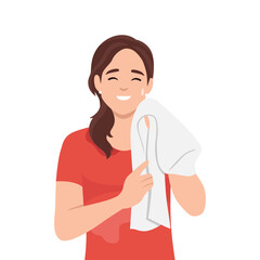 Young woman tired resting after workout towel in her neck. Flat vector illustration isolated on white background