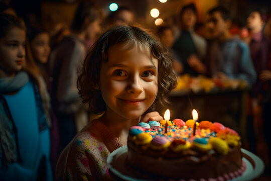 Happy girl at his birthday blowing out a birthday cake with candles surrounded by a large family and relatives and friends. Generative AI.