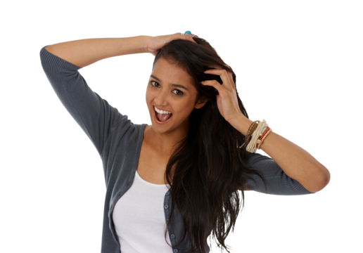 Woman, hair wow and smile portrait for crazy styling isolated on a transparent, png background. Young female person, hairstyle care and beauty of a student with confidence and trendy gen z style