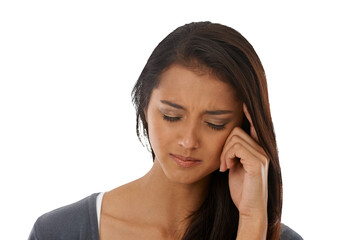 Headache, stress and woman with anxiety or depression on isolated, transparent or png background. Face, migraine and female person with vertigo, burnout or brain fog, worried or mental health fail