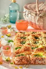 Sweet gooseberry yeast cake made of sugar and fruits.